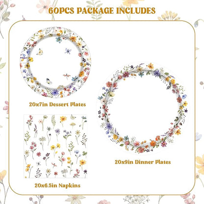 60Pcs Wildflower Paper Plates and Napkins Party Supply, Serves 20 | Floral Baby - Image 2