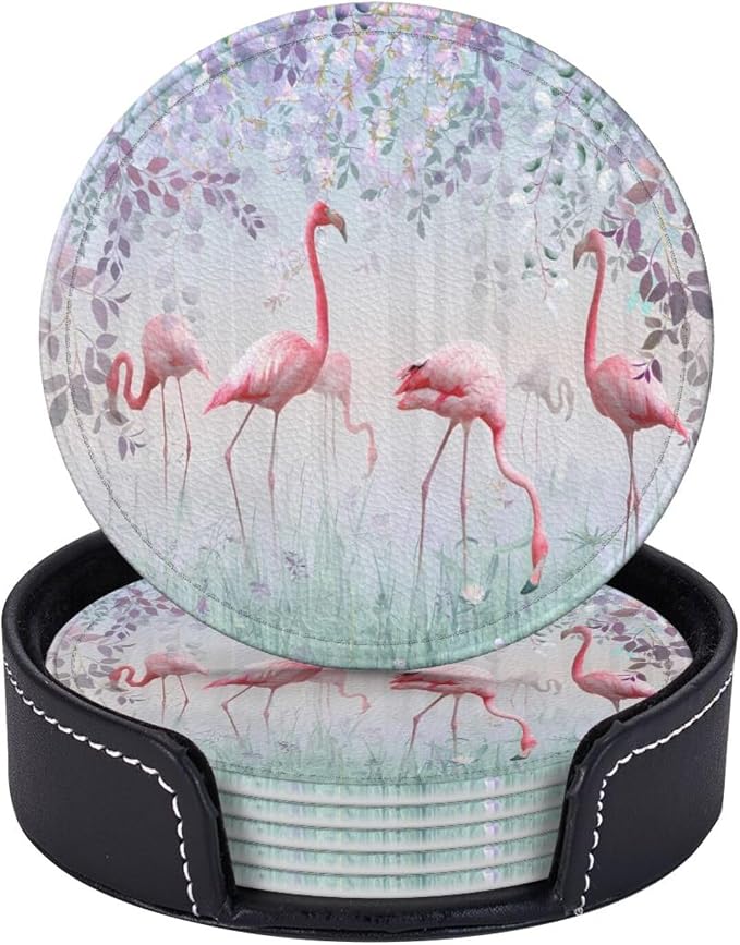 6 Pcs Pink Cute Flamingo Modern Art Boho Leather Coasters by Jfniub