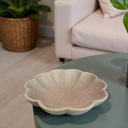 Large Handmade Decorative Bowl decor, Scalloped Pedestal Bowls for Modern Home Decor,Ruffle Decor,Stylish Key Bowl for Entry Table,Decorative Fruit Bowl for Kitchen Counter,Artificial Stone Beige