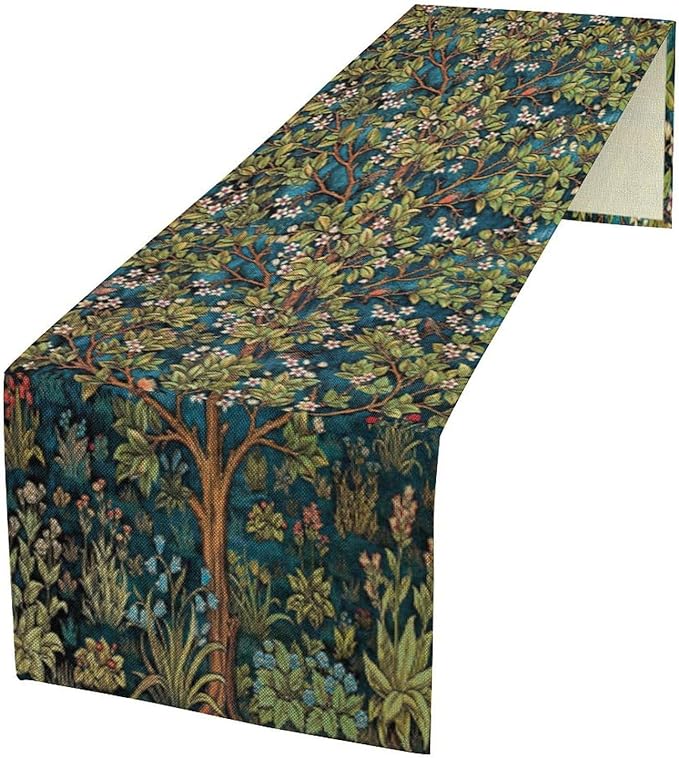 William Morris Floral Table Runner, Vintage Green Botanical Printed Table Runner by Yearn+Jear