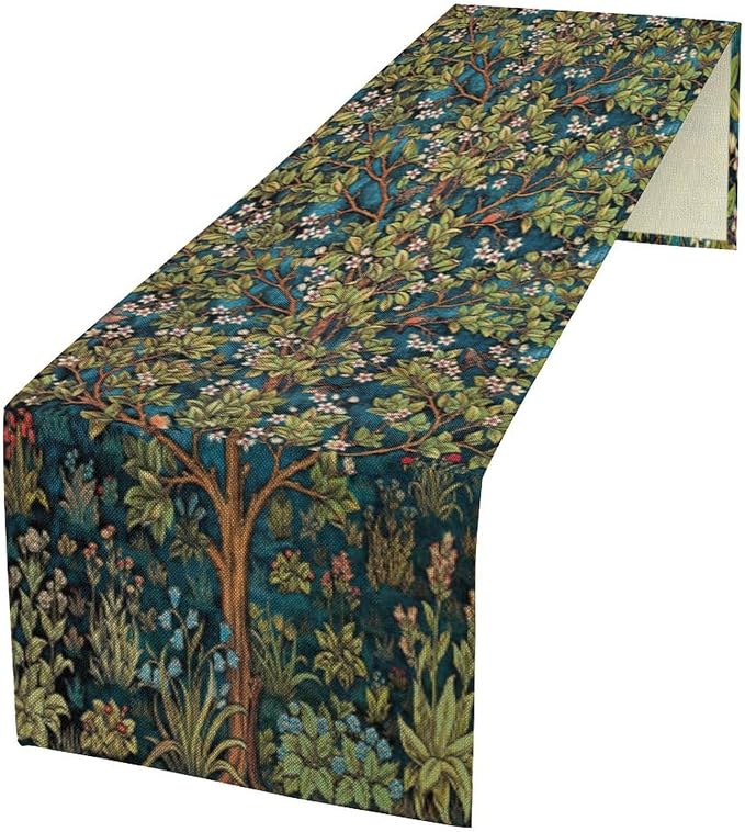 William Morris Floral Table Runner, Vintage Green Botanical Printed Table Runner by Yearn+Jear