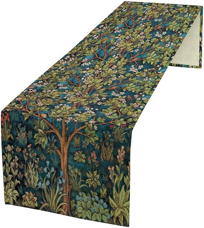 William Morris Floral Table Runner, Vintage Green Botanical Printed Table Runner by Yearn+Jear