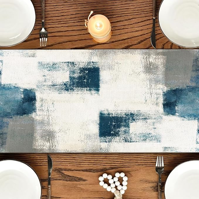 OYIMUA Teal and White Abstract Modern Table Runner, Art Rustic Kitchen Dining - Image 2