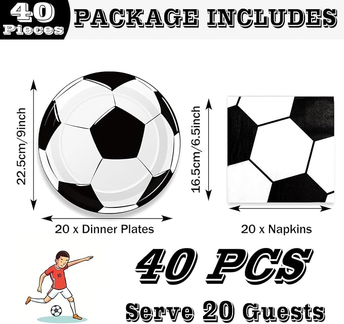 40 Pcs Soccer Plates and Napkins Party Supplies, 9-inch Disposable Soccer - Image 3