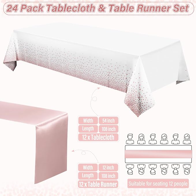 24 Pack Rose Gold Tablecloth and Table Runner Set Party Decorations - Image 2