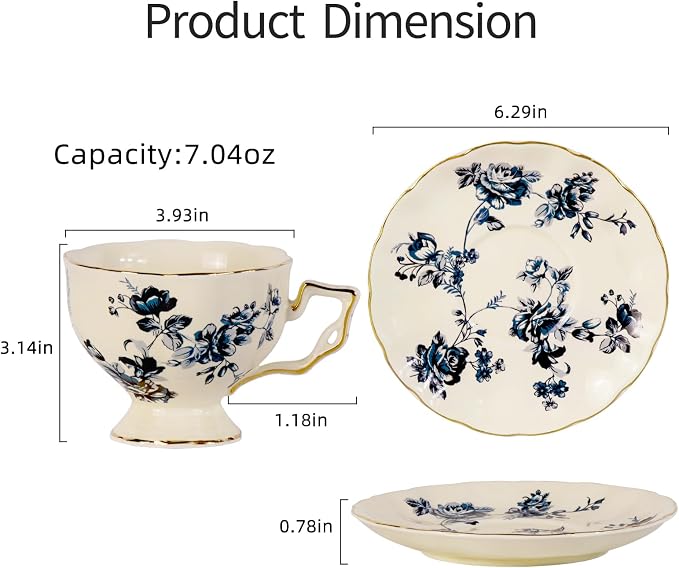 KAMMAK Tea Cups and Saucers Set of 2, 6.8 oz Porcelain Coffee Cups, 563N | - Image 5