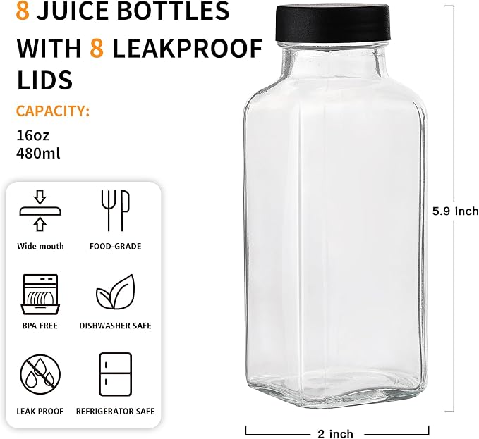 Glxgow 8 Pack 16 OZ Glass Juice Bottles - Image 2