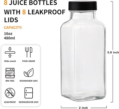 Glxgow 8 Pack 16 OZ Glass Juice Bottles - Image 2