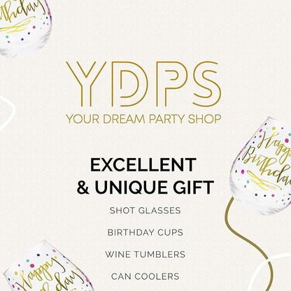 Your Dream Party Shop Happy Birthday Wine Glass, 22oz Stemless with Gold Print - Gift for Adults and Women, Happy Birthday Cups For Women