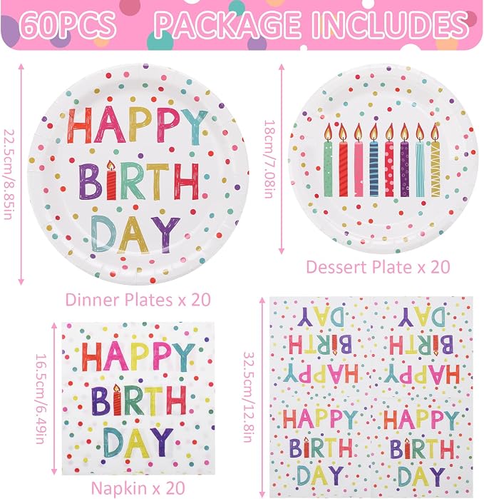 60PCS Birthday Plates and Napkins Set, Serve 20 | Rainbow Dot Party Supplies - Image 2