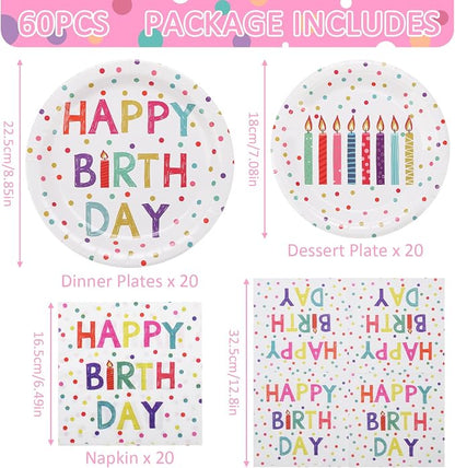 60PCS Birthday Plates and Napkins Set, Serve 20 | Rainbow Dot Party Supplies - Image 2