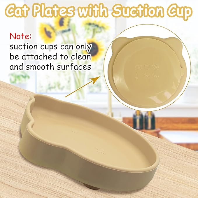 Silicone Cat Food Bowl Suction Cup Cat Dish 7" Shallow Cats Food & Water Bowls Set of 2 Non-Slip Kitty Plates Relief Whisker Fatigue Puppy Feeding Bowl for Dry & Wet Food (Beige)