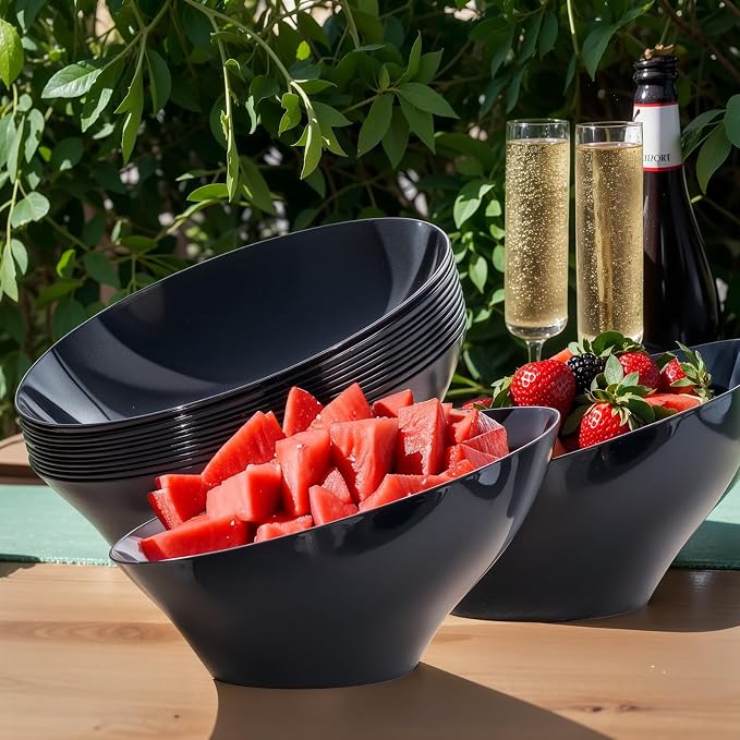bUCLA 12 Pack Black Plastic Serving Bowls - 54 OZ Angled Bowls Disposable - Image 8