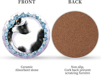 Coasters Absorbent Ceramic Coaster Drink Coasters with Cork Back Lazy Cats Set of 6 Round Coaster Non Slip for Coffee Table Wine Glass Home Bar 4 Inch, Cute