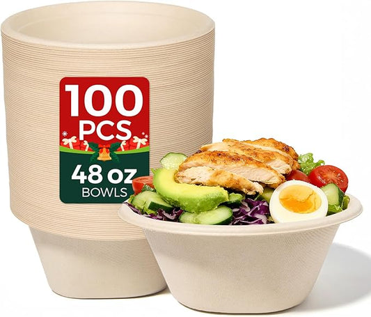 48 OZ [100 Pack] Heavy Duty Compostable Salad Bowls - 100% Sugarcane Fiber, Microwave Safe - Large Disposable Bowls for Soup, Salad, Ramen, Popcorn