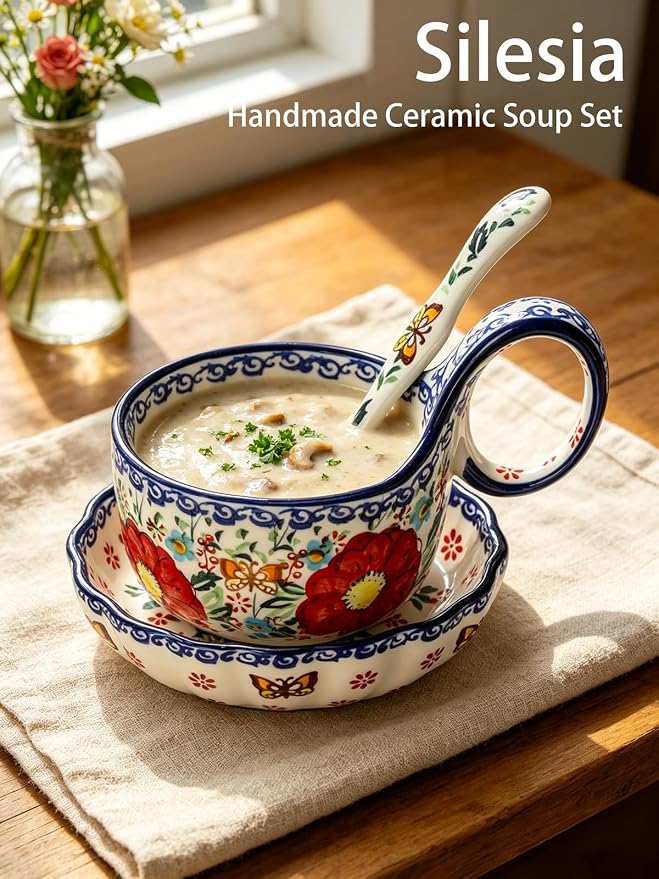 silesia Handmade Loop Handle Soup Bowl, Plate and Spoon Set Ceramic Hand - Image 4