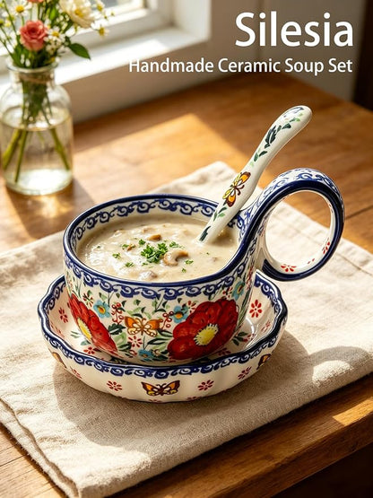 silesia Handmade Loop Handle Soup Bowl, Plate and Spoon Set Ceramic Hand - Image 4