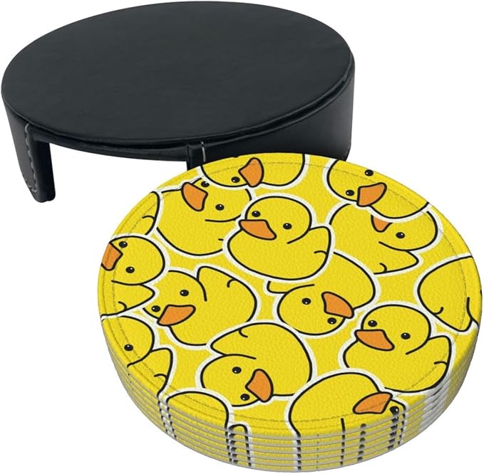 Drink Coasters with Holder Stand Set of 6 Yellow Ducks Pattern Drawing Pu - Image 9