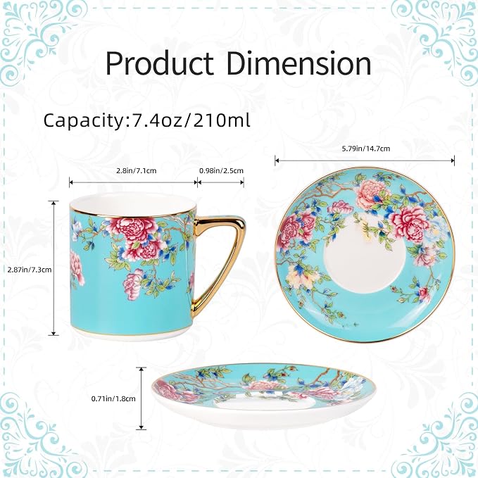 KAMMAK Tea Cup and Saucer, Ceramic Coffee Cups, 7.5 oz, Afternoon Tea and - Image 2