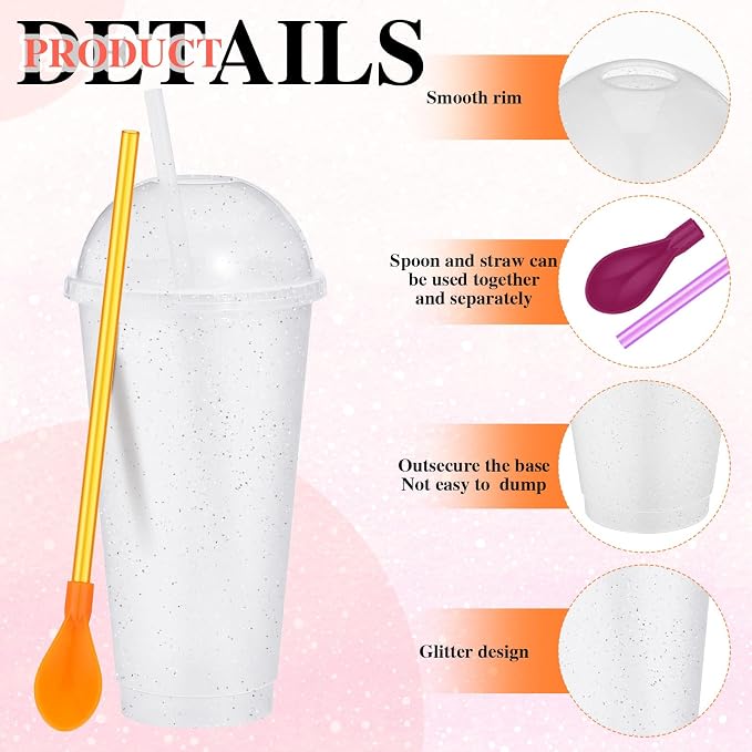 6 Set Slushie Cups with Dome Lids and Straws Detachable Spoon Straws Reusable - Image 3