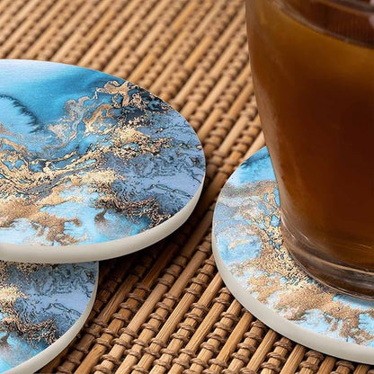 Blue Marble Art Painting Coasters for Coffee Table Colorful Abstract Liquid Marbling Mix of Acrylic Housewarming Presents for Women Men Home Decor Office Kitchen Living Room 2 Pcs