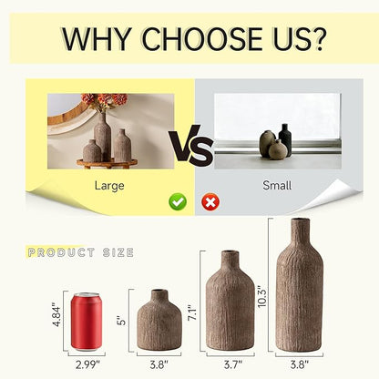 Ceramic Vase Home Table Decor - Brown Flower Vase Set of 3 Living Room Kitchen Decorations Farmhouse Modern Rustic Vases Decorative Centerpiece for Shelf Bedroom Office Bathroom Dining Coffee Desk