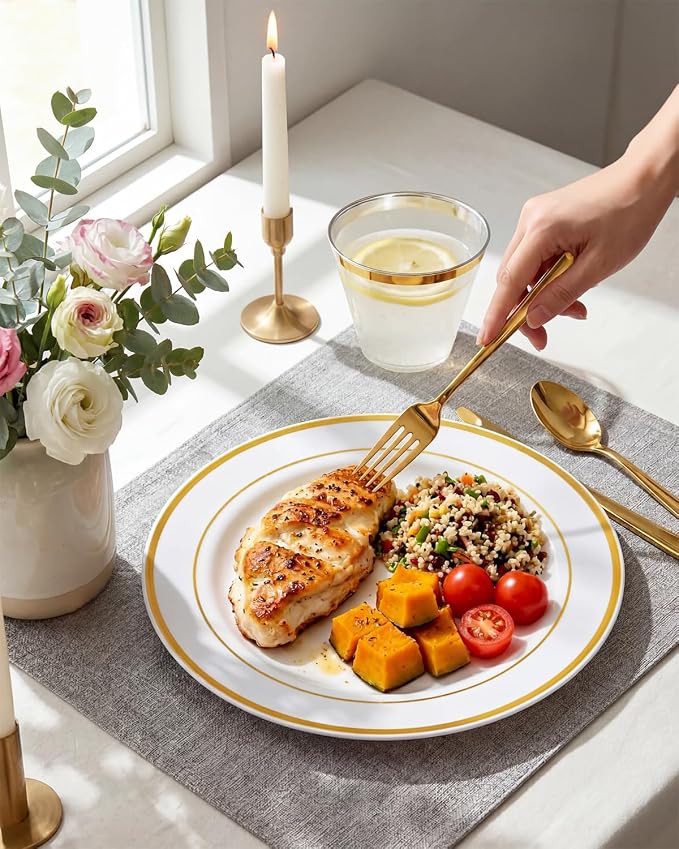 bUCLA 600Pcs White and Gold Plastic Plates - Image 4