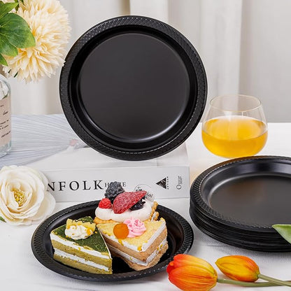 WELLIFE 7 Inch Black Dessert Plates 150 Count, Disposable Plastic Dessert Plates for Party Cake Appetizers Salad Picnic BBQ Easter