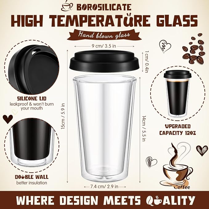 Honeydak 2 Pack 12 oz Double Walled Glass Coffee Mugs - Image 2