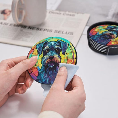 Miniature Schnauzer Stained Dog Breed Glass Art Leather Drinks Coasters - Image 4