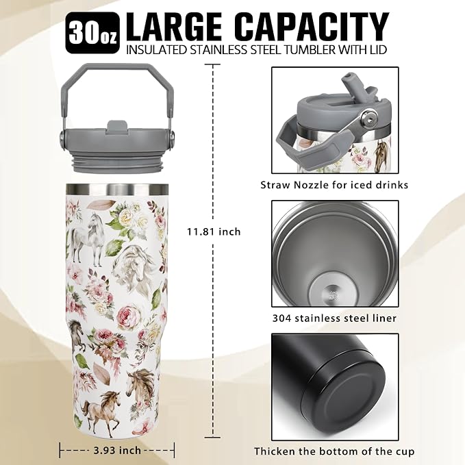 30 oz Horse Tumbler with Handle and Flip Straw, Vacuum Insulated Water Bottle - Image 2