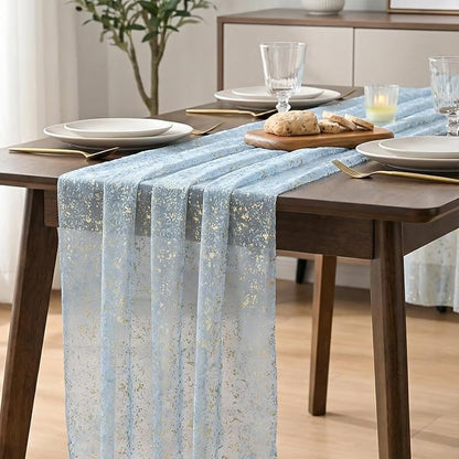 Artoid Mode Gold Gauze Light Blue Table Runner 120 Inch 10FT, Glitter Metallic Foil Sheer Dining Wedding Anniversary Holiday Birthday Table Decor for Home Party
