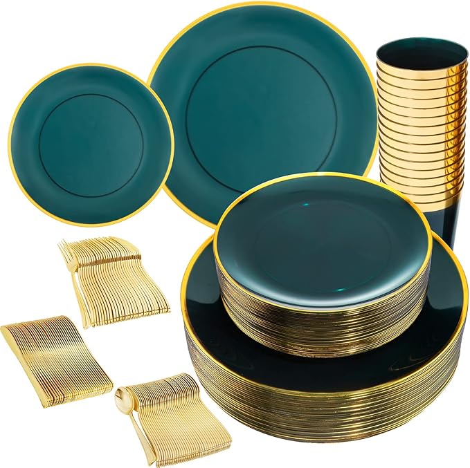 LIYH 180 Pcs Clear and Green Gold Plastic Christmas Plates by LIYHLoveinyourheart