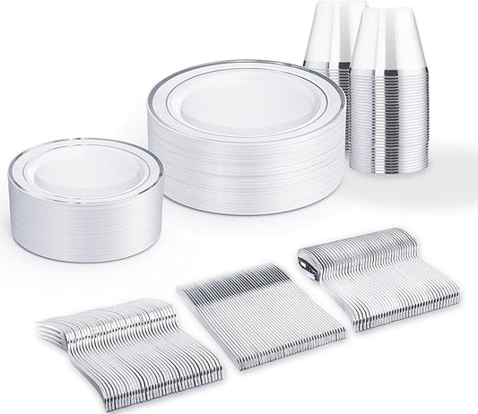 150 PCS Silver Disposable Dinnerware Set for 25 Guests, Silver Plastic Plates for Party, Including 25 Dinner Plates, 25 Salad Plates, 25 Cups, 25 Forks Knives Spoons for Wedding and Party Supplies