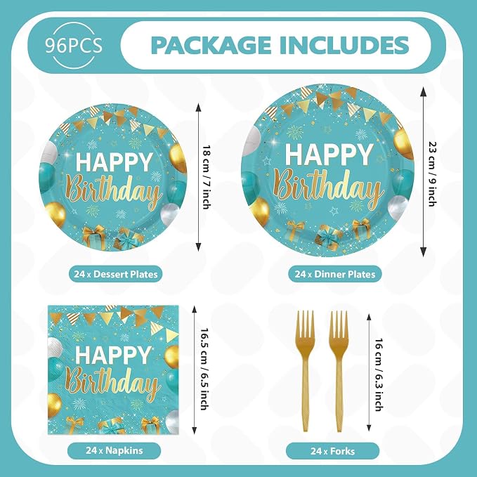 96Pcs Teal Blue Gold Birthday Party Decorations, Serves 24 | Teal Blue Gold - Image 2
