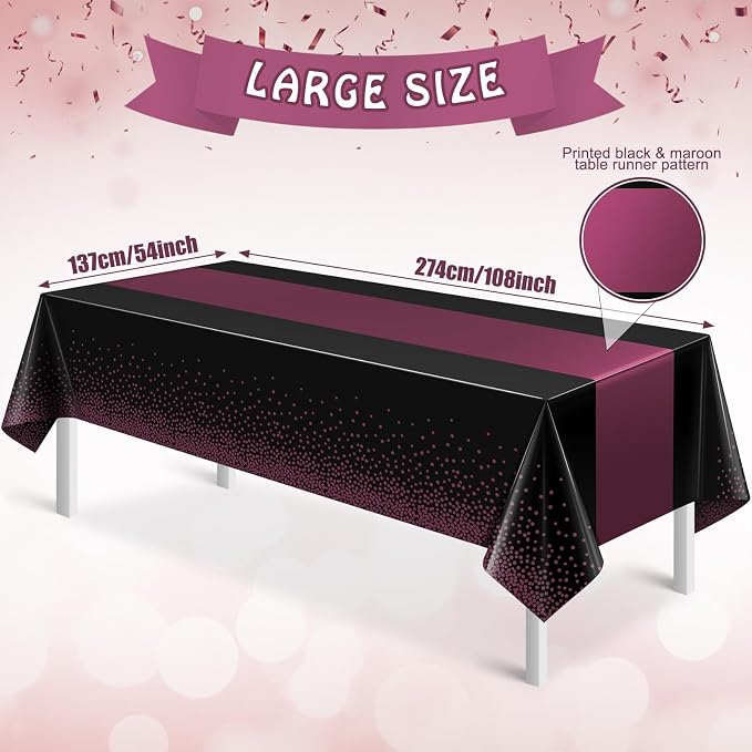 3Pcs Black and Maroon Purple Tablecloth Party Decorations, Plastic Black Table - Image 2
