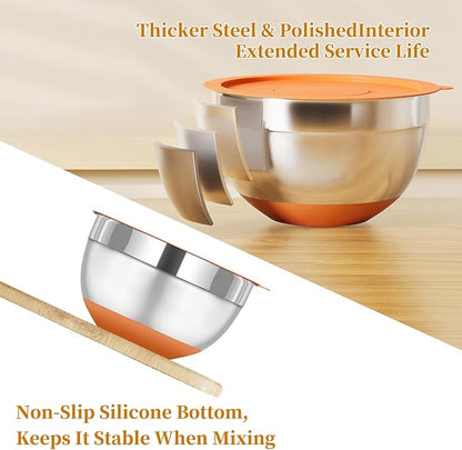 Mixing Bowls with Lids Set, 6 Piece Stainless Steel Nesting Storage Bowls for Kitchen, with 3 Grater Attachments & Non-Slip Bottoms, Size 5.5,3.5,2.5,2.1,1.5,1.1 QT