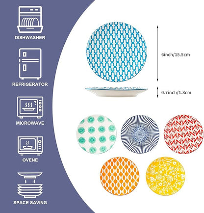 Ceramic Dessert Plates Set - Mini 6 Inch Appetizer Plates for Kitchen - Small Salad Plates for Cake Snacks, Side Dishes - Microwave Dishwasher Safe - Wedding Housewarming Gift - Assorted Colors