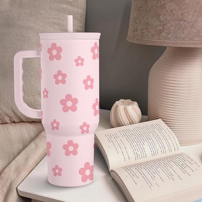 Floral Tumbler with Handle and Straw 40oz Stainless Sleel Slider Tumbler Travel - Image 6