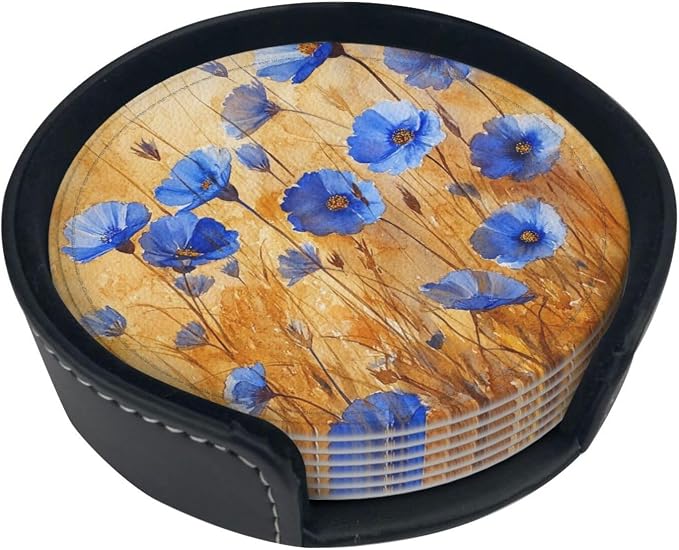 Flowers Plant Floral Blue Leather Coasters Set of 6 by Unknown