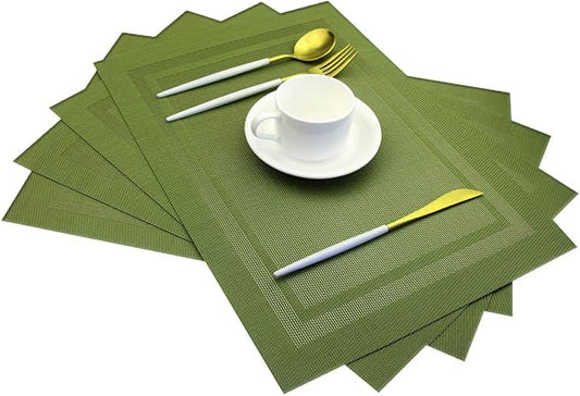 PIGCHCY Heat Insulation Non Slip Plastic Placemats,Washable Easy to Clean Woven Vinyl Kitchen Stain Resistant Placemats for Dining Table Set of 4 (Olive Green)