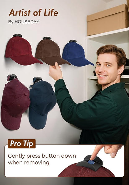 HOUSE DAY Adhesive Hat Hooks for Wall 8 Pack, Strong Hat Rack for Baseball Cap Display Organizer, Hats Holder for Wall, Door, Closet, No Drilling, Black
