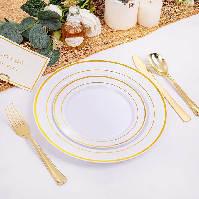200 Pcs Gold Plastic Plates, Premium Disposable Gold Plates | Gold Rimmed - Image 5
