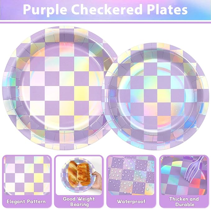96Pcs Iridescent Birthday Party Supplies Purple Checkered Paper Plates Napkins - Image 3