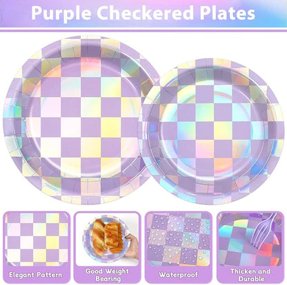 96Pcs Iridescent Birthday Party Supplies Purple Checkered Paper Plates Napkins - Image 3