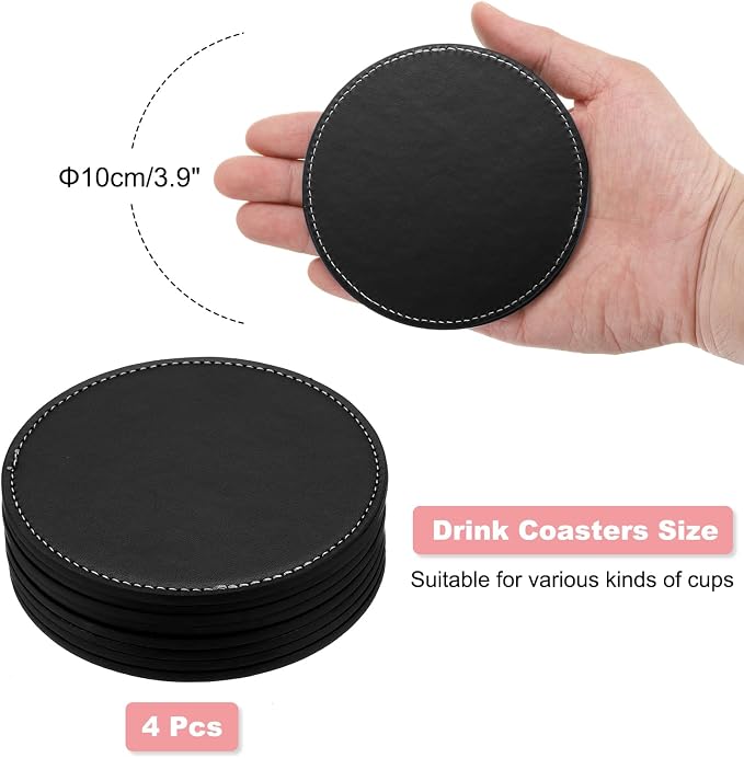 uxcell Round Drink Coasters Set of 4 White Stitched Dual Sided Non-Slip - Image 2