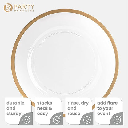 PARTY BARGAINS 13-Inch Charger Plates - 96 Pack, Clear Gold Rim, Heavy-Duty Disposable Chargers for Elegant Dining - Ideal for Weddings and Formal Events