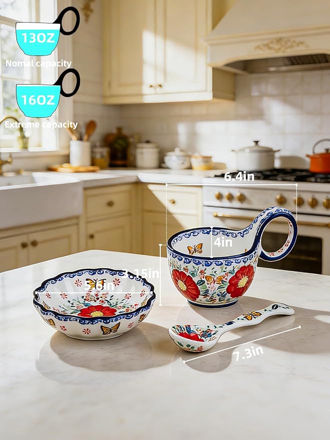silesia Handmade Loop Handle Soup Bowl, Plate and Spoon Set Ceramic Hand - Image 2