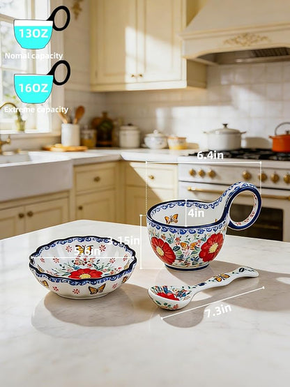 silesia Handmade Loop Handle Soup Bowl, Plate and Spoon Set Ceramic Hand - Image 2