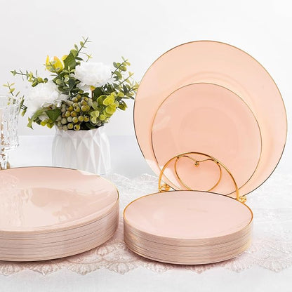 100 PCS Pink Gold Plastic Plates, 10 inch Pink Disposable Plates for Party, Plastic Dinner Plates for Party, Graduation, Wedding